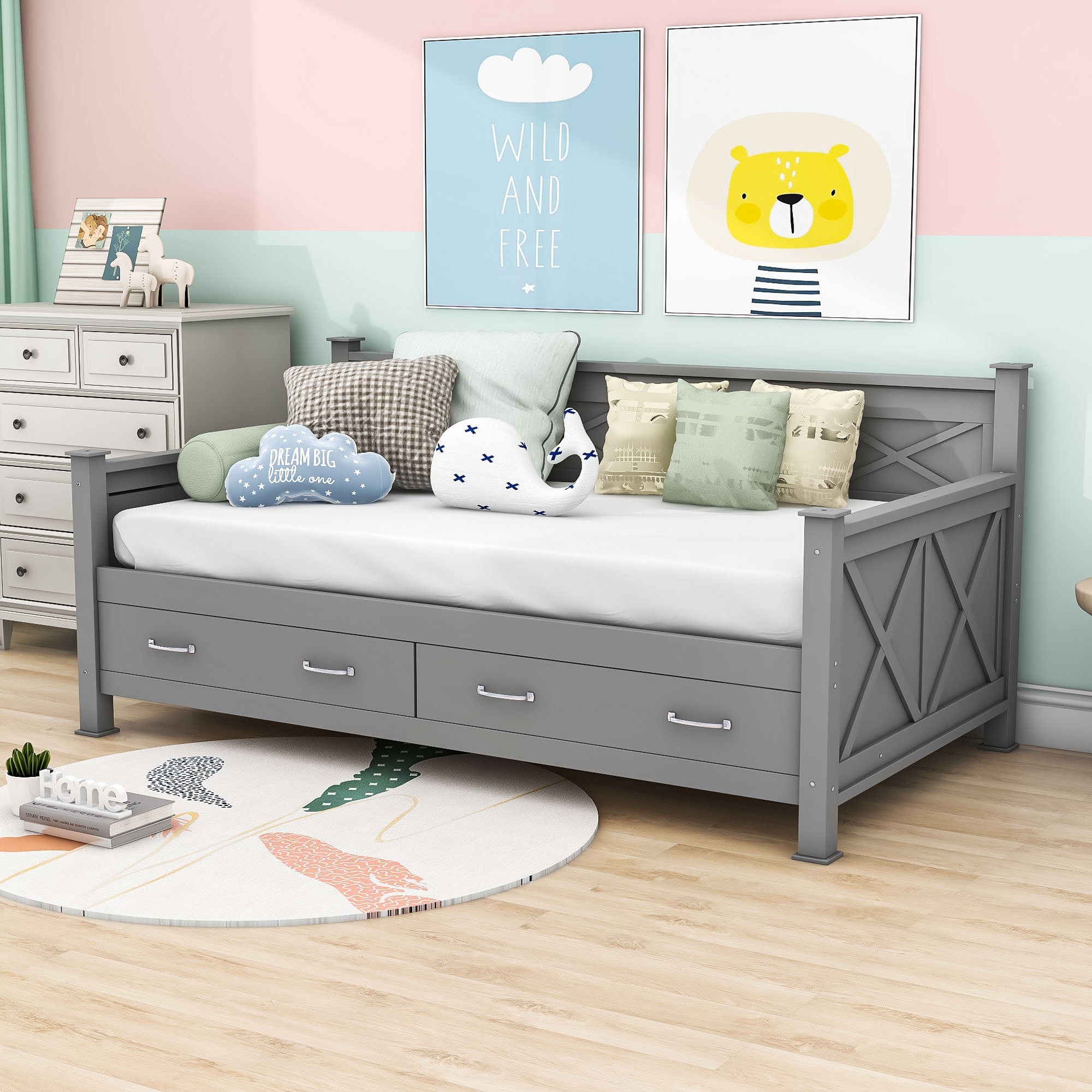 Lustick Twin Daybed with Drawers Gracie Oaks Color Gray